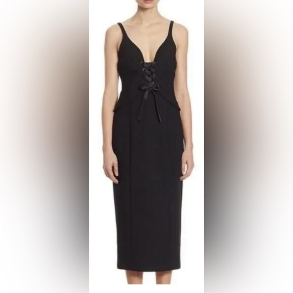 Cinq à Sept Demia Midi Dress Lace-up Corset Cocktail Dress in Black Color Size 4